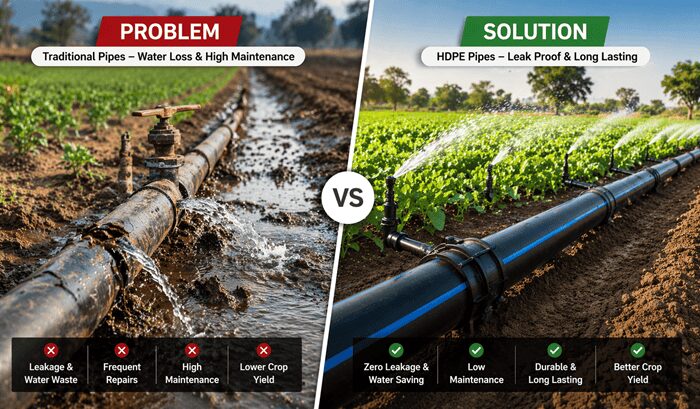 Comparison of leaking traditional farm pipe and efficient HDPE irrigation pipe