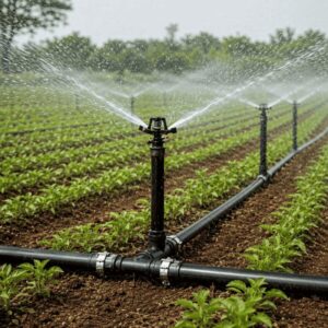 Sprinkler irrigation system working in agricultural field