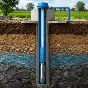 Borewell cross-section with uPVC casing pipe, slotted screen and submersible pump