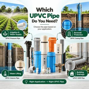 UPVC pipe selection guide showing pressure, casing, column and SWR pipes for different applications